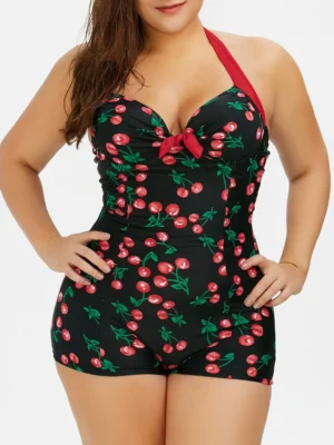 Plus Size Halter Cherry Boyshort Vintage Bathing Suit