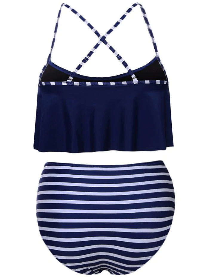 Women Plus Size Striped High Waisted Bikini Set Tankini
