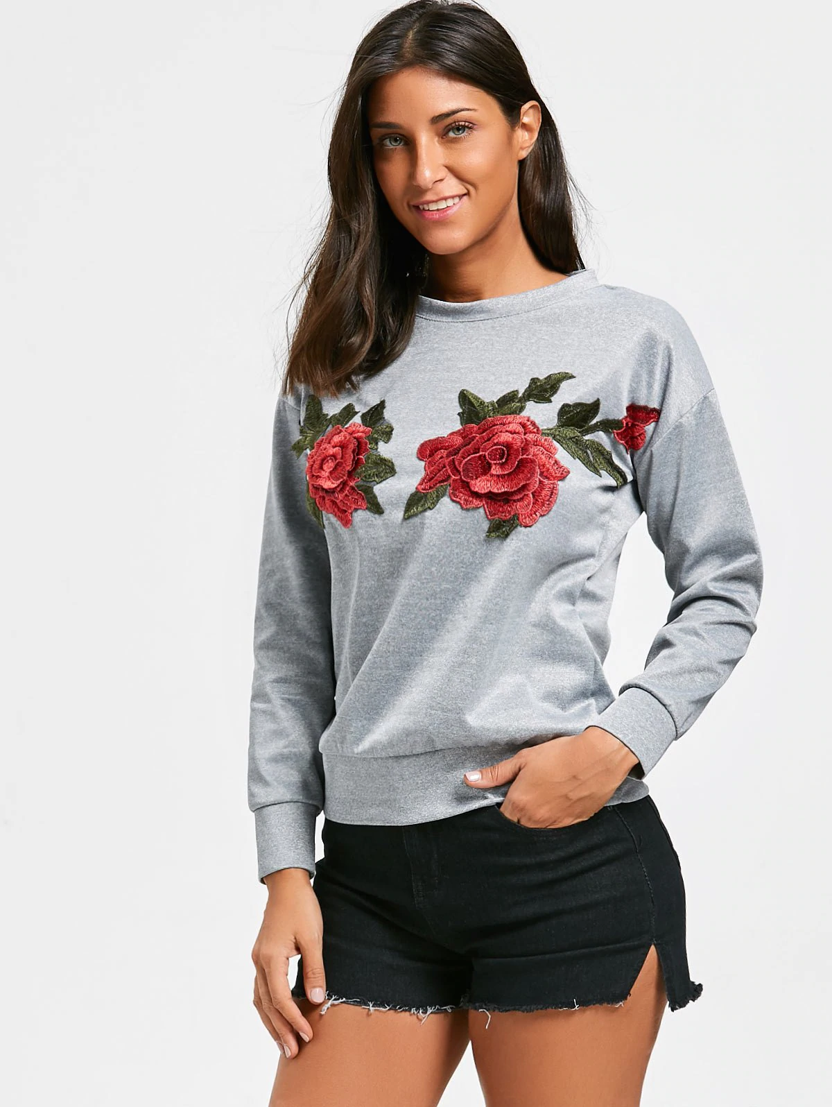 Crew Neck Flower Embroidery Sweatshirt