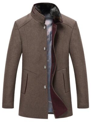 Single-breasted Faux Fur Collar Wool Blend Coat