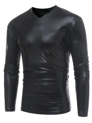 Paisley Faux Leather Metallic V Neck Long Sleeve T-shirt