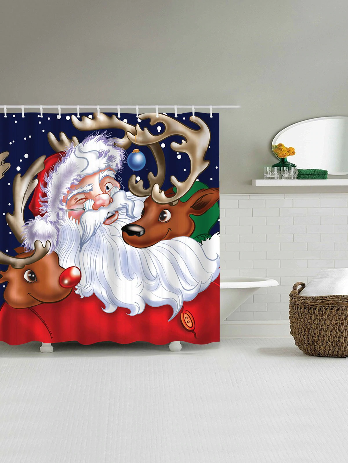 Santa Claus Reindeer Christmas Waterproof Bath Curtain