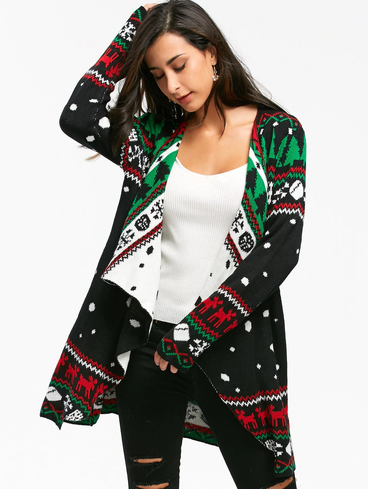 Christmas Graphic Tunic Knitted Draped Cardigan