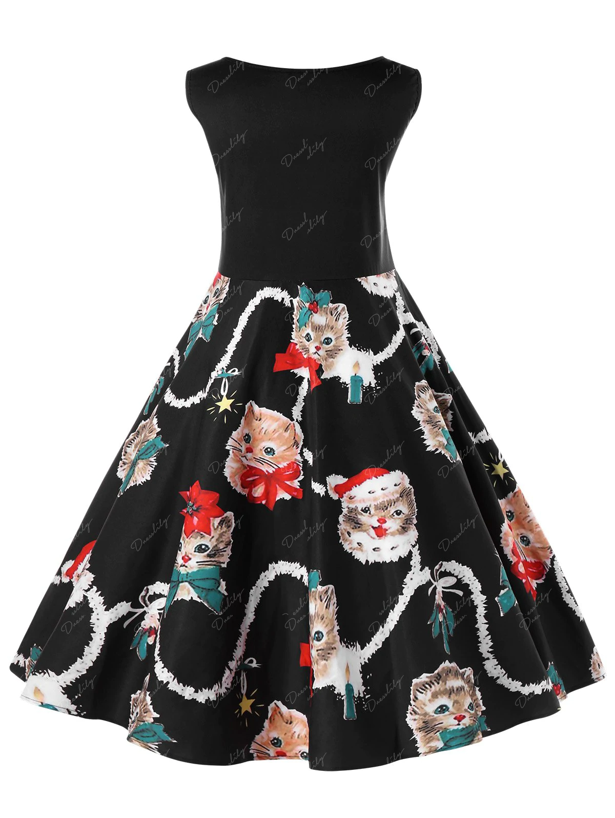 Christmas Plus Size Kitten Print Swing Dress