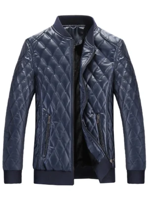 Stand Collar Argyle Artificial Leather Jacket