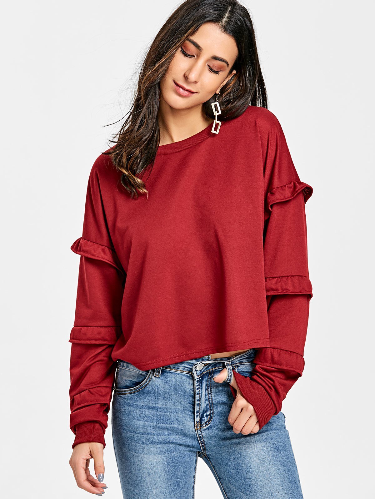 Ruffle Crew Neck Sweatshirt