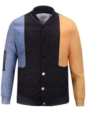 Stand Collar Color Block Pocket Print Jacket