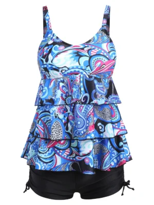 Plus Size Tier Flounce Printed Tankini Set