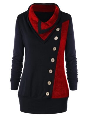 Plus Size Buttons Heap Collar Tunic Sweatshirt