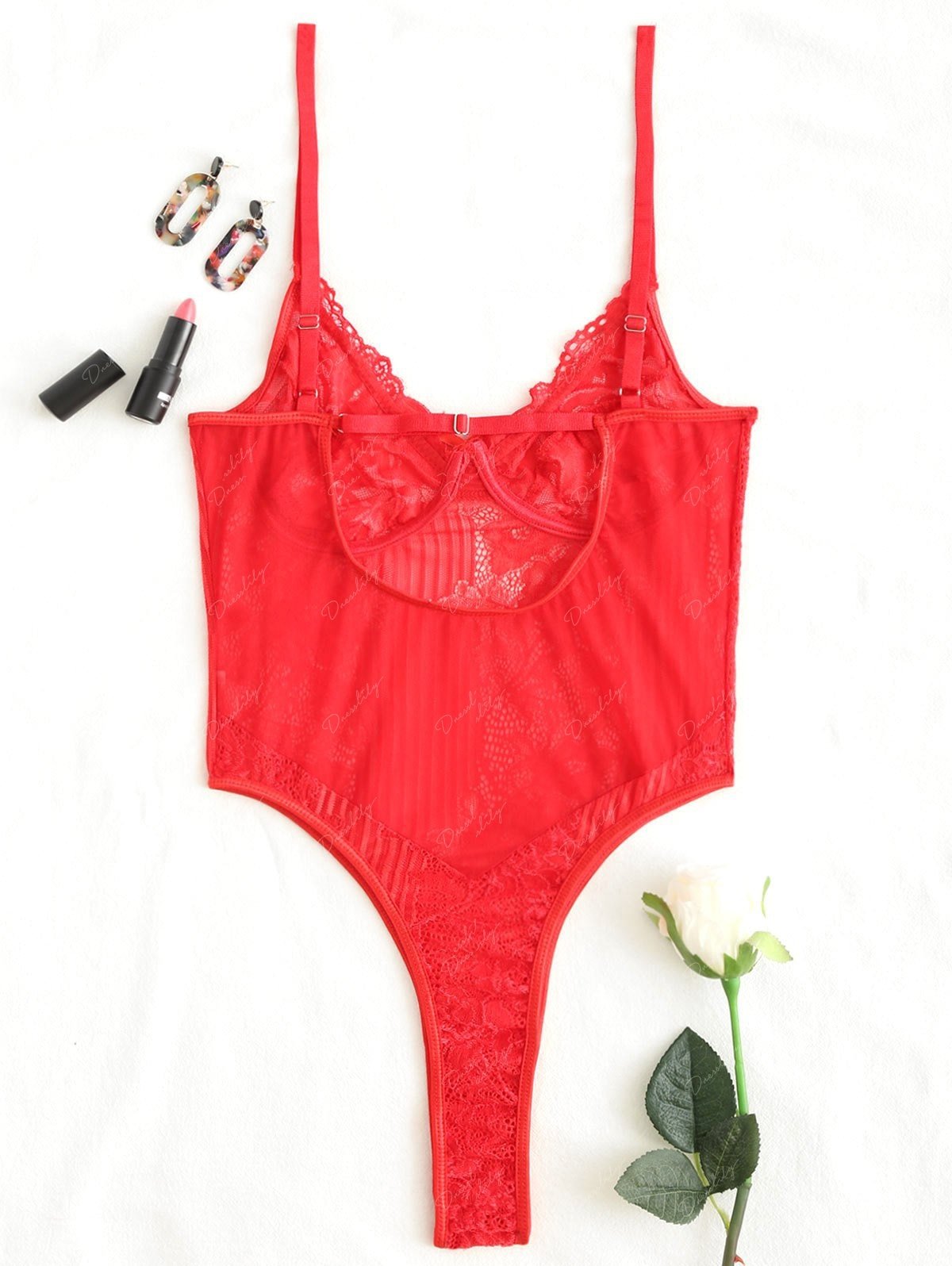 Lace See Through Plunge Thong Bodysuit