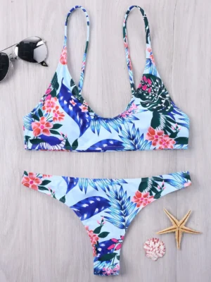 Floral Leaf Print Spaghetti Strap Bikini