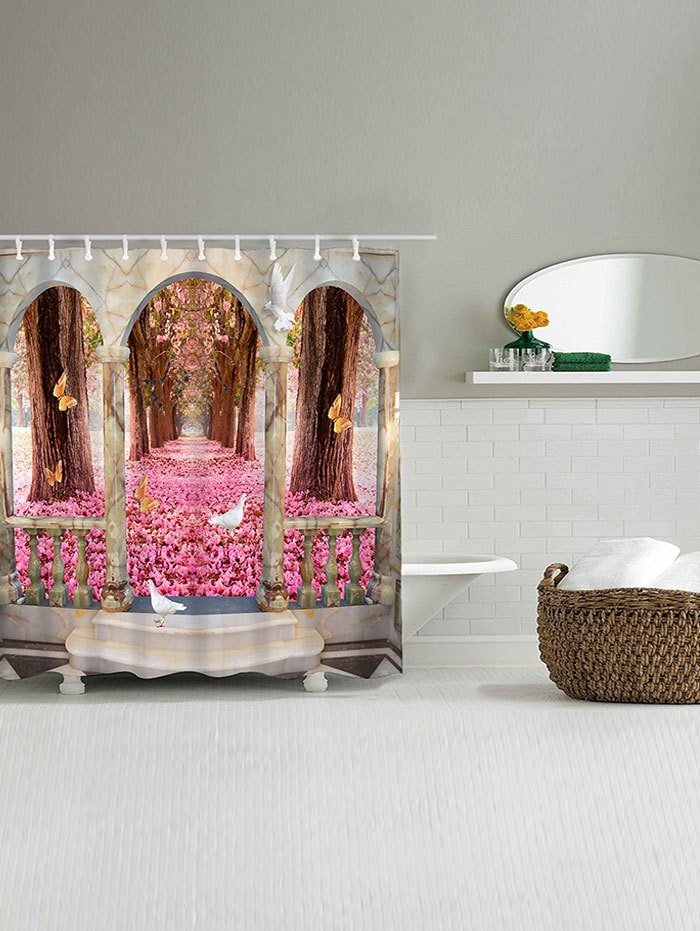 Flower Road Trees Doves Print Fabric Shower Curtain