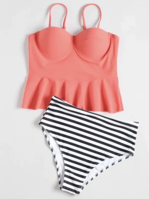 High Waisted Striped Peplum Tankini Set