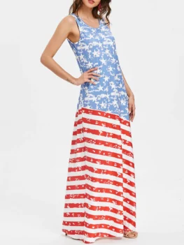 Scoop Neck Patriotic American Flag Maxi Dress