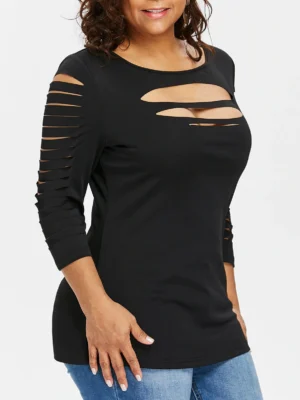 Plus Size Ladder Ripped Cut Front Top