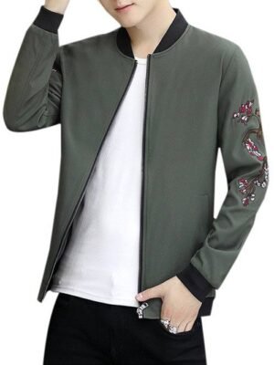 Embroidery Crane Zip Up Stand Collar Jacket