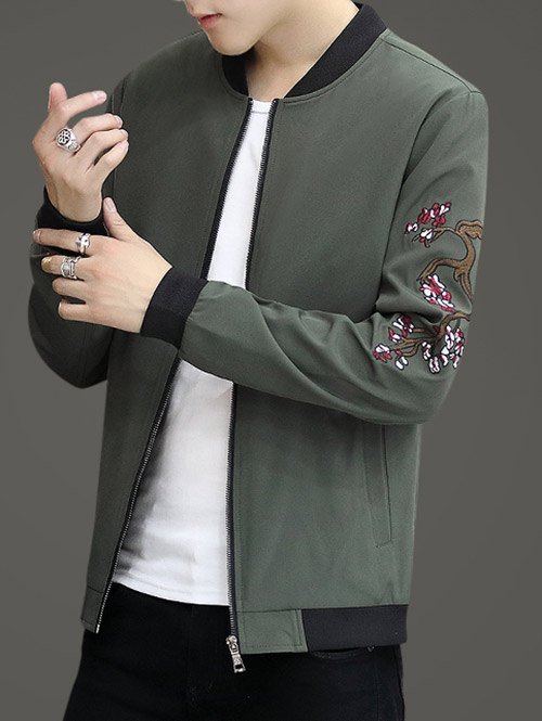 Embroidery Crane Zip Up Stand Collar Jacket