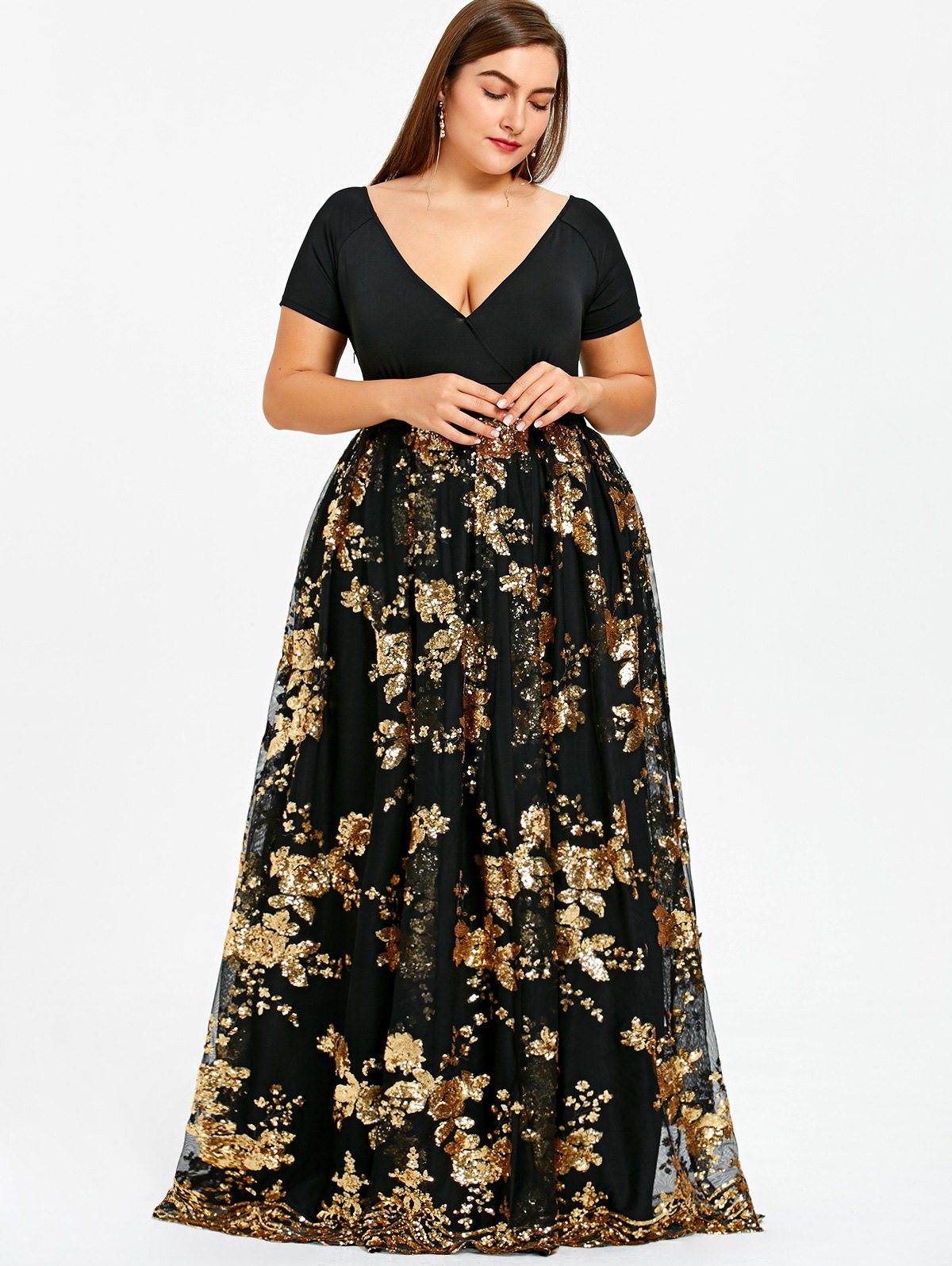 Plus Size Sparkly Sequined Floral Maxi Formal Dress