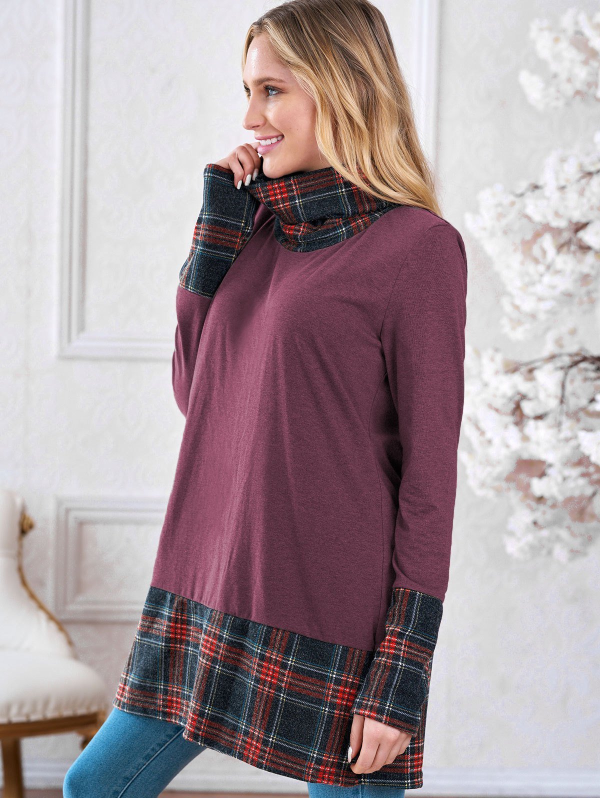 Long Sleeve Plaid Insert Sweatshirt