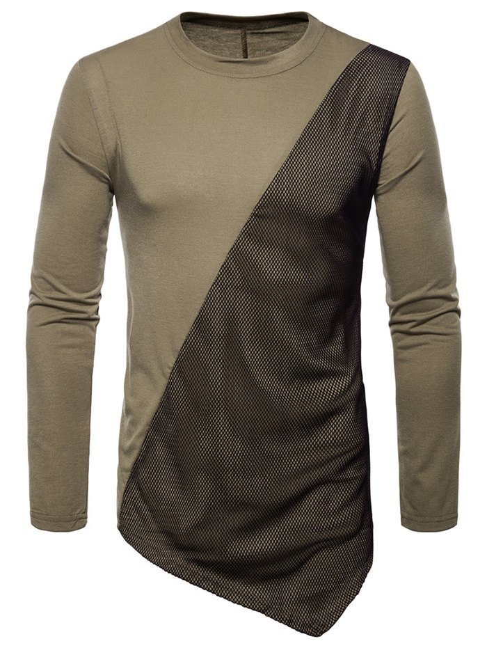 Asymmetric Mesh Panel Round Neck T-shirt