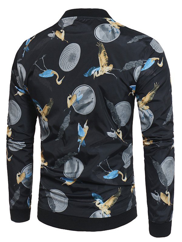 Zip Up Crane Print Baseball Jacket
