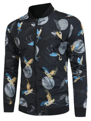 Zip Up Crane Print Baseball Jacket