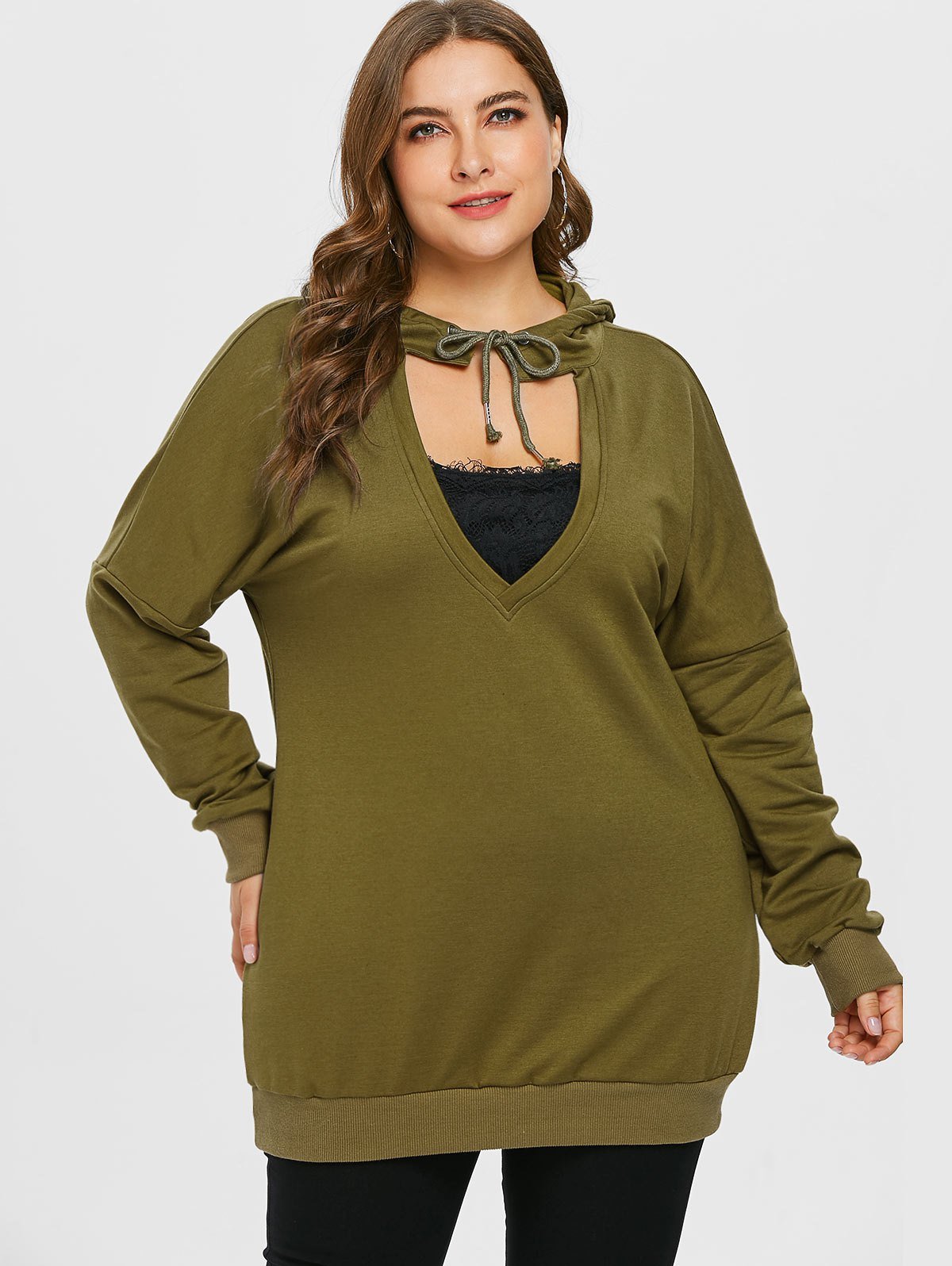 Plus Size Cut Out Lace Insert Hoodie