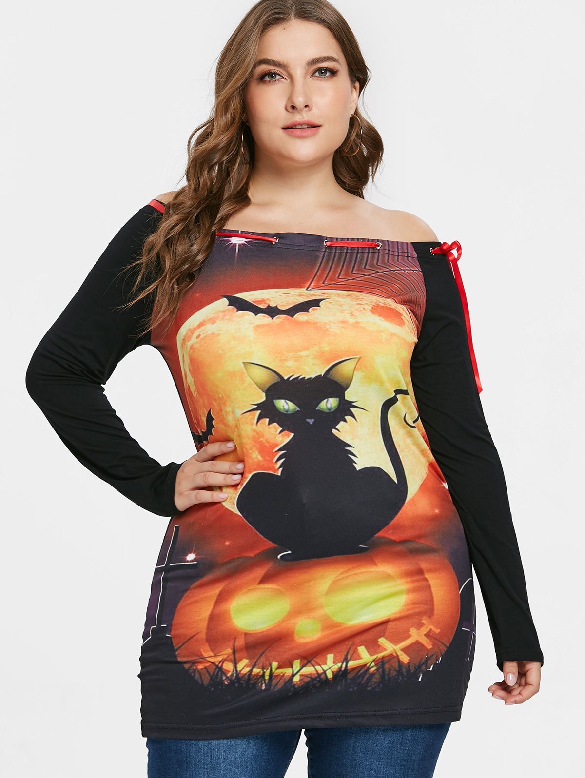 Plus Size Off Shoulder Printed Halloween Tunic T-shirt