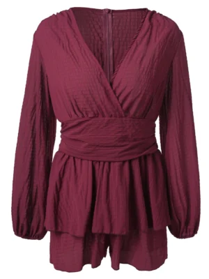 Puff Sleeve High Waist Surplice Romper