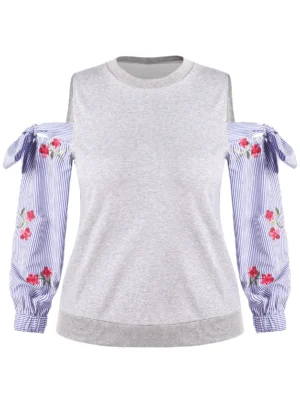 Striped Floral Tie Plus Size Cold Shoulder Sweatshirt