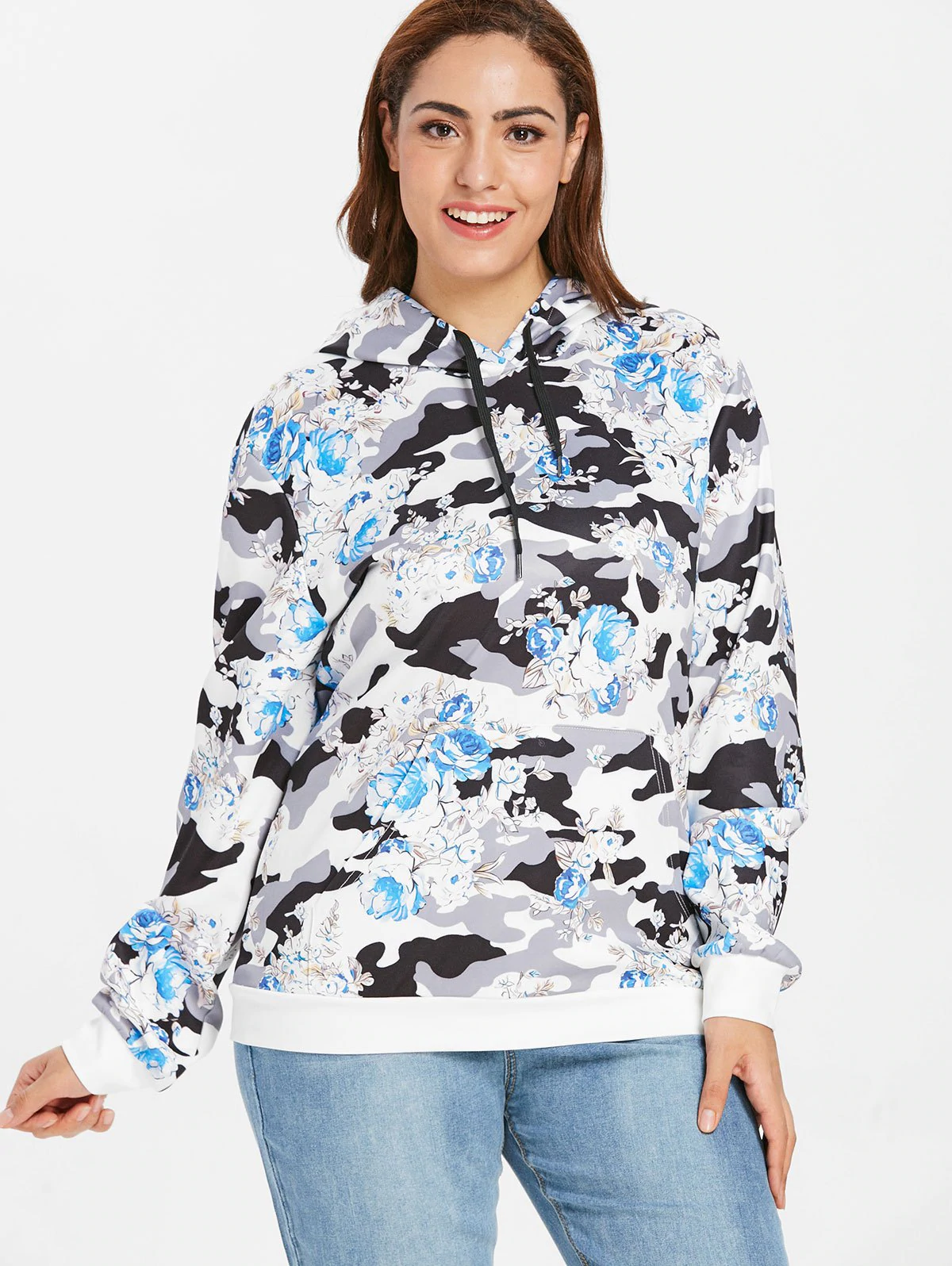 Plus Size Kangaroo Pocket Flower Camo Hoodie