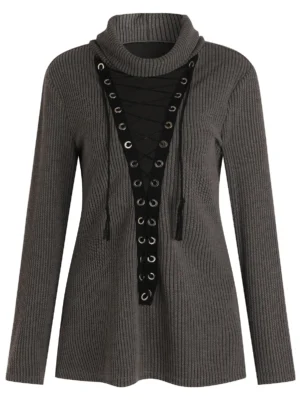 Plus Size Turtleneck Lace-up Sweater
