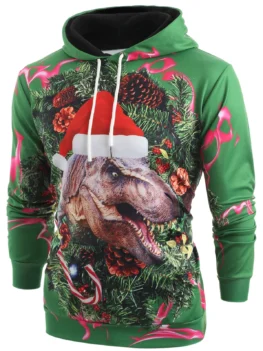 3D Christmas Dinosaur Print Kangaroo Pocket Hoodie