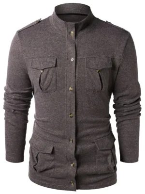 Epaulet Design Button Up Stand Collar Sweater