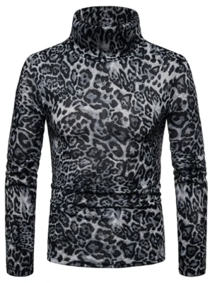 Q141 Men Plus Velvet Warm High Collar Leopard Long Sleeve Bottom