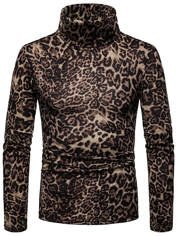Q141 Men Plus Velvet Warm High Collar Leopard Long Sleeve Bottom
