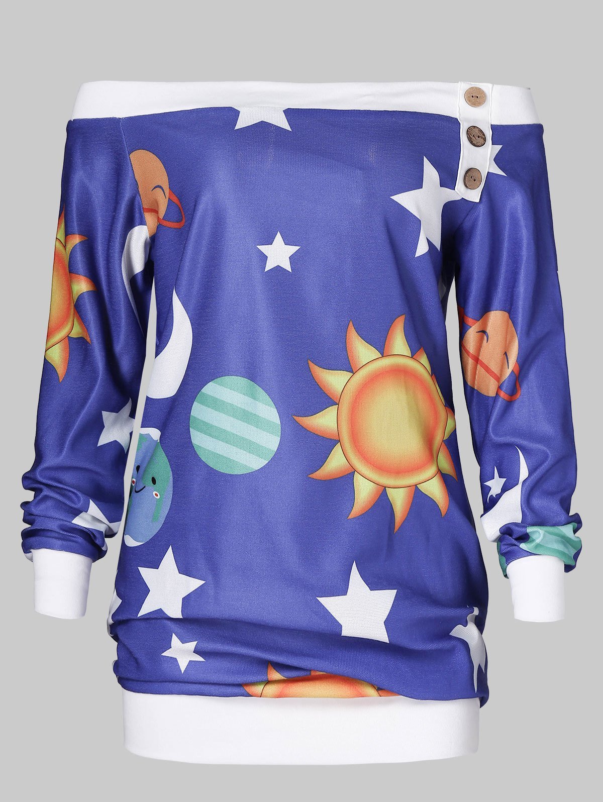 Skew Neck Sun Stars Print Graphic Sweatshirt
