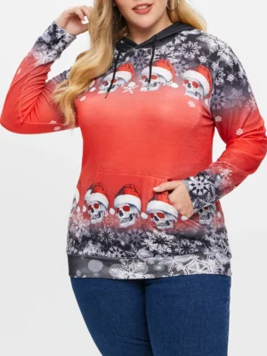 Plus Size Christmas Skulls Snowflake Pullover Hoodie