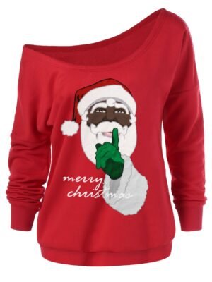 Plus Size Christmas Santa Claus Skew Neck Sweatshirt