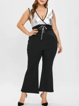 Plus Size Contrast Flare Jumpsuit with Lace Up