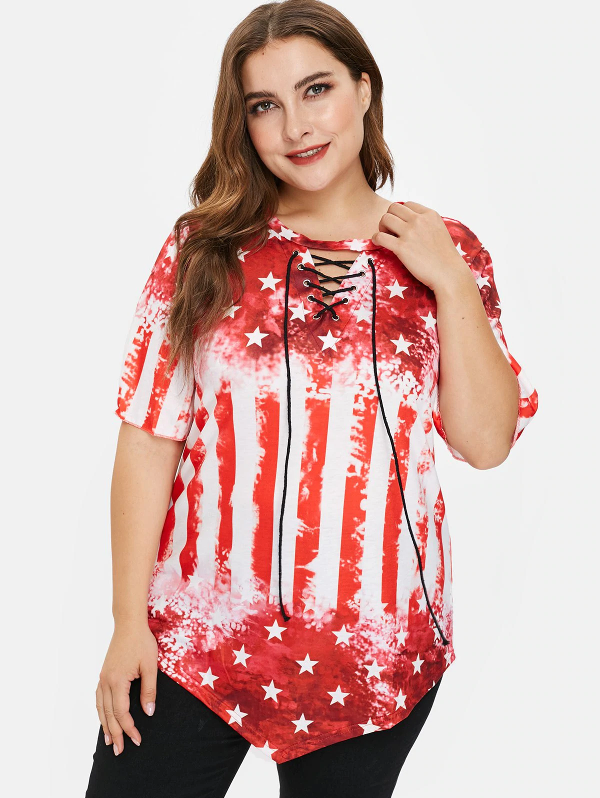 Plus Size Lace Up American Flag Tee