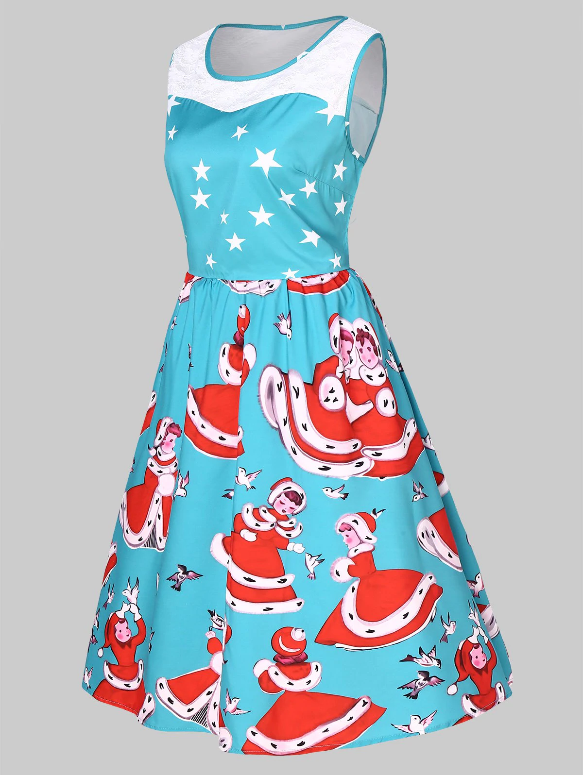 Plus Size Vintage Lace Panel Christmas Printed Dress