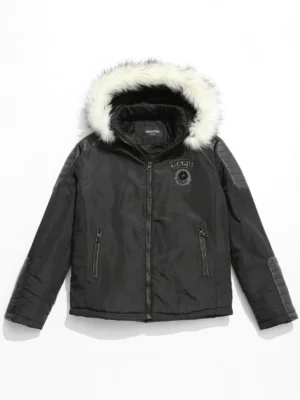 Applique Faux Fur Hoodie PU Parka Coat