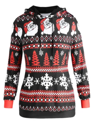 Plus Size Christmas Print Drawstring Hooodie