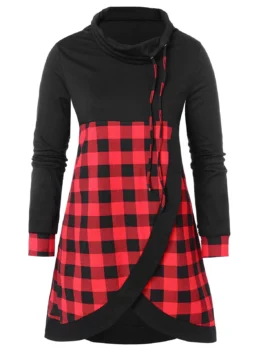 Plus Size Plaid Panel Cowl Neck Sweatshirt