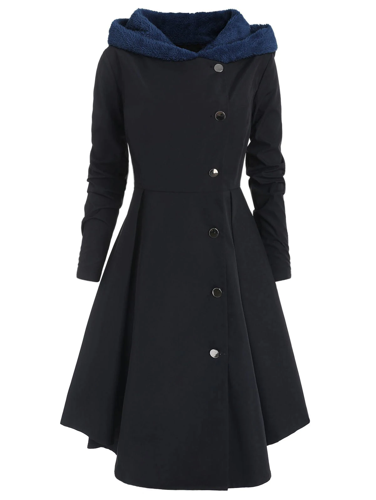 Plus Size Asymmetric Contrast Hooded Skirted Coat