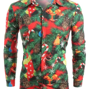 Christmas Theme Print Hidden Button Shirt