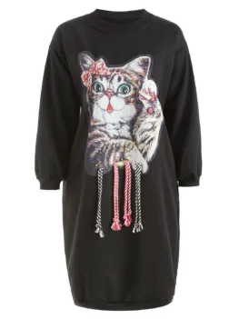 Crew Neck Beaded Cat Print Graphic Sweatshirt