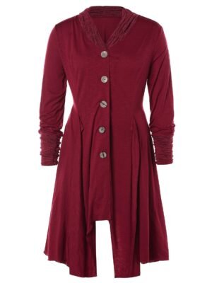 Plus Size Contrast Trim Button Up Asymmetrical Coat