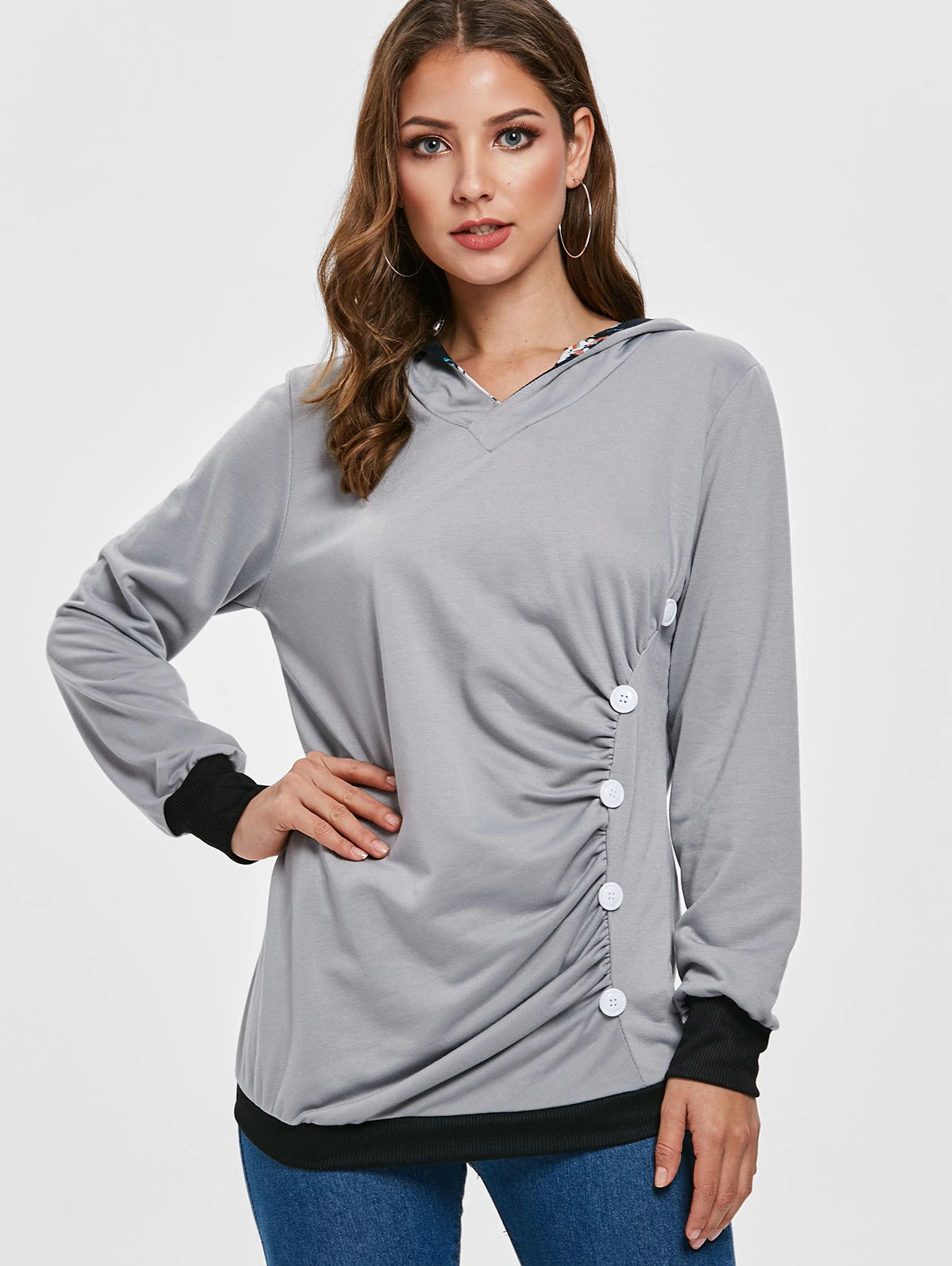 Printed Panel Button Pullover Hoodie